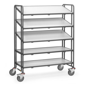 Wózek piętrowy do pojemników Euro ESD fetra®, udźwig 250 kg, 3 powierzchnie ładunkowe o wymiarach 610 x 1240 mm, z półkami