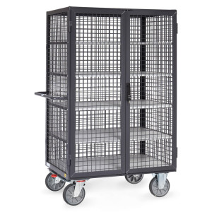 Wózek z szafką ESD fetra®, udźwig 750 kg, ściany kratowe, z drzwiami dwuskrzydłowymi, 5 pięter o wymiarach 1000 × 680 mm