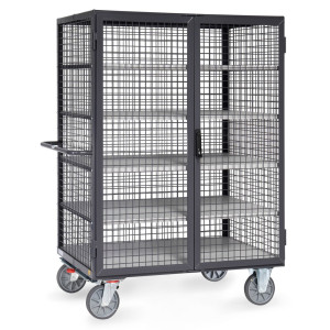 Wózek z szafką ESD fetra®, udźwig 750 kg, ściany kratowe, z drzwiami dwuskrzydłowymi, 5 pięter o wymiarach 1200 × 780 mm