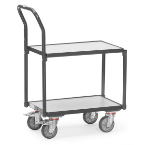 Transporter na kółkach do pojemników Euro ESD fetra®, udźwig 250 kg, 2 powierzchnie ładunkowe o wymiarach 405 × 605 mm z pałąkiem do pchania
