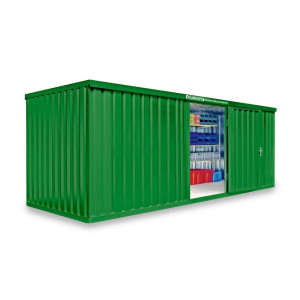 Kontener materiałowy FLADAFI®, pojedynczy moduł, lakierowany, wys. × szer. × gł. 2150 × 6080 × 2170 mm, zmontowany, drewniana podłoga, trawiasty zielony
