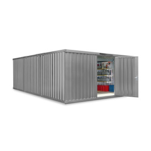 Kompozycja kontenera materiałowego FLADAFI®, malowana, 3 moduły, wys. × szer. × gł. 2150 × 5080 × 6520 mm, wstępnie zmontowane, drewniana podłoga, jasnoszary