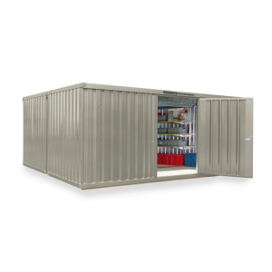 Kompozycja kontenera materiałowego FLADAFI®, lakierowana, 2 moduły, wys. × szer. × gł. 2150 × 5080 × 4340 mm, wstępnie zmontowana, podłoga drewniana, kolor szarobiały