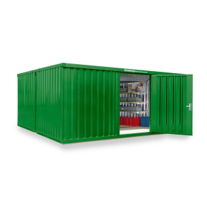 Kompozycja kontenera materiałowego FLADAFI®, lakierowana, 2 moduły, wys. × szer. × gł. 2150 × 5080 × 4340 mm, wstępnie zmontowana, podłoga drewniana, kolor trawiasty zielony