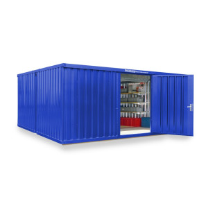 Kompozycja kontenera materiałowego FLADAFI®, lakierowana, 2 moduły, wys. × szer. × gł. 2150 × 5080 × 4340 mm, wstępnie zmontowana, podłoga drewniana, kolor gencjanowy niebieski