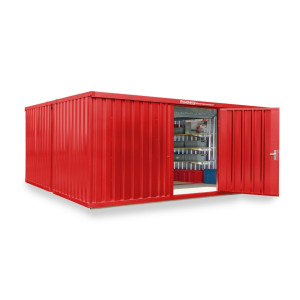 Kompozycja kontenera materiałowego FLADAFI®, lakierowana, 2 moduły, wys. × szer. × gł. 2150 × 5080 × 4340 mm, wstępnie zmontowana, podłoga drewniana, kolor ogniście czerwony