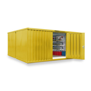Kompozycja kontenera materiałowego FLADAFI®, lakierowana, 2 moduły, wys. × szer. × gł. 2150 × 5080 × 4340 mm, wstępnie zmontowana, podłoga drewniana, kolor sygnałowy żółty
