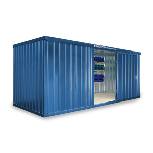 Kontener materiałowy FLADAFI®, pojedynczy moduł, lakierowany, wys. × szer. × gł. 2150 × 5080 × 2170 mm, zmontowany, drewniana podłoga, kolor gencjanowy