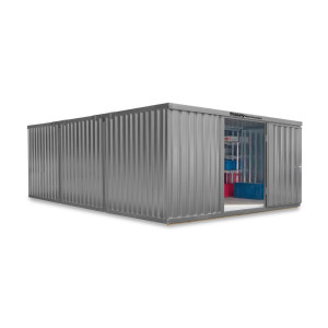 Kompozycja kontenera materiałowego FLADAFI®, malowana, 3 moduły, wys. × szer. × gł. 2150 × 4050 × 6520 mm, wstępnie zmontowane, drewniana podłoga, jasnoszary