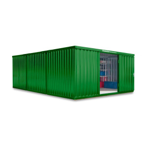 Kompozycja kontenera materiałowego FLADAFI®, lakierowana, 3 moduły, wys. × szer. × gł. 2150 × 4050 × 6520 mm, wstępnie zmontowana, podłoga drewniana, kolor trawiasty zielony