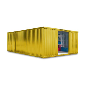Kompozycja kontenera materiałowego FLADAFI®, lakierowana, 3 moduły, wys. × szer. × gł. 2150 × 4050 × 6520 mm, wstępnie zmontowana, podłoga drewniana, kolor sygnałowy żółty