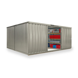 Kompozycja kontenera materiałowego FLADAFI®, malowany, 2 moduły, wys. x szer. x gł. 2150 x 4050 x 4340 mm, wstępnie zmontowany, podłoga drewniana, kolor popielatobiaławy