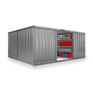 Kompozycja kontenera materiałowego FLADAFI®, malowana, 2 moduły, wys. × szer. × gł. 2150 × 4050 × 4340 mm, wstępnie zmontowane, drewniana podłoga, jasnoszary
