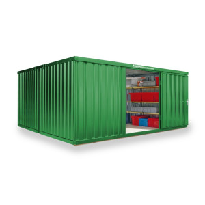 Kompozycja kontenera materiałowego FLADAFI®, malowany, 2 moduły, wys. x szer. x gł. 2150 x 4050 x 4340 mm, wstępnie zmontowany, podłoga drewniana, kolor trawiastozielony