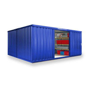 Kompozycja kontenera materiałowego FLADAFI®, malowany, 2 moduły, wys. x szer. x gł. 2150 x 4050 x 4340 mm, wstępnie zmontowany, podłoga drewniana, kolor gencjanowy niebieski