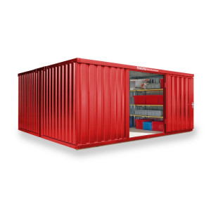 Kompozycja kontenera materiałowego FLADAFI®, malowany, 2 moduły, wys. x szer. x gł. 2150 x 4050 x 4340 mm, wstępnie zmontowany, podłoga drewniana, kolor ognistoczerwony