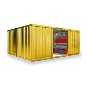 Kompozycja kontenera materiałowego FLADAFI®, malowany, 2 moduły, wys. x szer. x gł. 2150 x 4050 x 4340 mm, wstępnie zmontowany, podłoga drewniana, kolor żółty sygnałowy