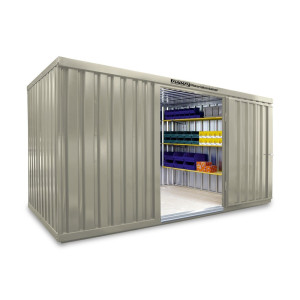 Kontener materiałowy FLADAFI®, pojedynczy moduł, lakierowany, wys. × szer. × gł. 2150 × 4050 × 2170 mm, zmontowany, drewniana podłoga, szarobiały