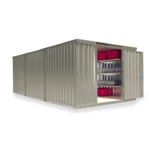 Kompozycja kontenera materiałowego FLADAFI®, lakierowana, 3 moduły, wys. × szer. × gł. 2150 × 3050 × 6520 mm, wstępnie zmontowana, podłoga drewniana, kolor szarobiały
