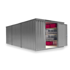 Kompozycja kontenera materiałowego FLADAFI®, malowana, 3 moduły, wys. × szer. × gł. 2150 × 3050 × 6520 mm, wstępnie zmontowane, drewniana podłoga, jasnoszary