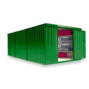 Kompozycja kontenera materiałowego FLADAFI®, lakierowana, 3 moduły, wys. × szer. × gł. 2150 × 3050 × 6520 mm, wstępnie zmontowana, podłoga drewniana, kolor trawiasty zielony