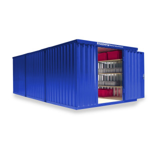 Kompozycja kontenera materiałowego FLADAFI®, lakierowana, 3 moduły, wys. × szer. × gł. 2150 × 3050 × 6520 mm, wstępnie zmontowana, podłoga drewniana, kolor gencjanowy niebieski