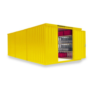 Kompozycja kontenera materiałowego FLADAFI®, lakierowana, 3 moduły, wys. × szer. × gł. 2150 × 3050 × 6520 mm, wstępnie zmontowana, podłoga drewniana, kolor sygnałowy żółty