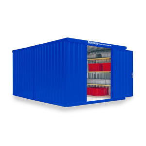 Kompozycja kontenera materiałowego FLADAFI®, malowany, 2 moduły, wys. x szer. x gł. 2150 x 3050 x 4340 mm, zdemontowany, podłoga drewniana, kolor gencjanowy niebieski