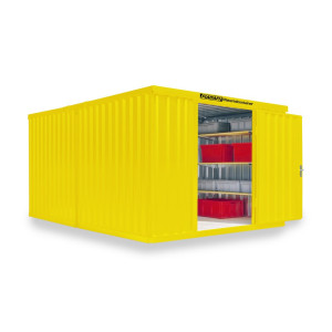 Kompozycja kontenera materiałowego FLADAFI®, malowany, 2 moduły, wys. x szer. x gł. 2150 x 3050 x 4340 mm, zdemontowany, podłoga drewniana, kolor żółty sygnałowy