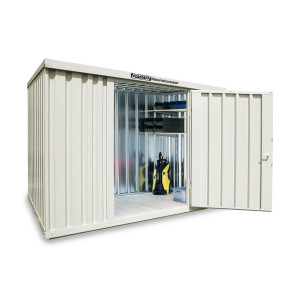 Kontener materiałowy FLADAFI®, pojedynczy moduł, lakierowany, wys. × szer. × gł. 2150 × 3050 × 2170 mm, zmontowany, drewniana podłoga, szarobiały