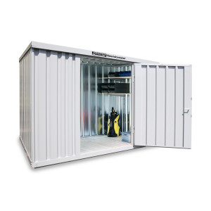 Kontener materiałowy FLADAFI®, pojedynczy moduł, lakierowany, wys. × szer. × gł. 2150 × 3050 × 2170 mm, zmontowany, drewniana podłoga, jasnoszary