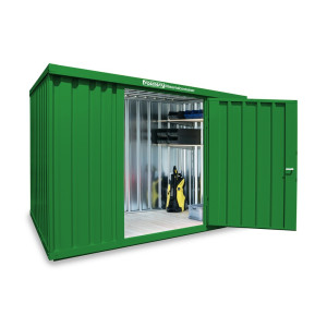 Kontener materiałowy FLADAFI®, pojedynczy moduł, lakierowany, wys. × szer. × gł. 2150 × 3050 × 2170 mm, zmontowany, drewniana podłoga, trawiasty zielony
