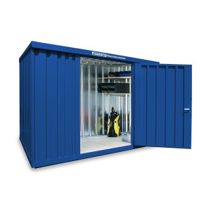 Kontener materiałowy FLADAFI®, pojedynczy moduł, lakierowany, wys. × szer. × gł. 2150 × 3050 × 2170 mm, zmontowany, drewniana podłoga, kolor gencjanowy