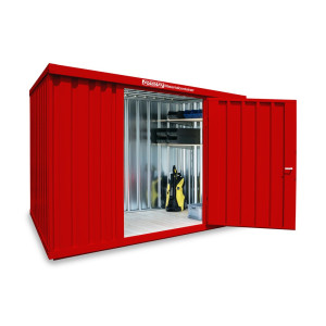 Kontener materiałowy FLADAFI®, pojedynczy moduł, lakierowany, wys. × szer. × gł. 2150 × 3050 × 2170 mm, zmontowany, drewniana podłoga, ognistoczerwony