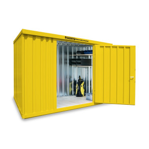 Kontener materiałowy FLADAFI®, pojedynczy moduł, lakierowany, wys. × szer. × gł. 2150 × 3050 × 2170 mm, zmontowany, drewniana podłoga, żółty sygnałowy