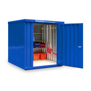 Kontener materiałowy FLADAFI®, pojedynczy moduł, lakierowany, wys. x szer. x gł. 2150 x 2100 x 2170 mm, zmontowany, drewniana podłoga, kolor gencjanowy niebieski