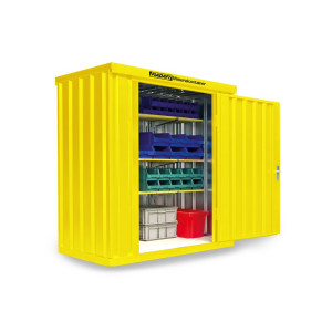 Kontener materiałowy FLADAFI®, pojedynczy moduł, lakierowany, wys. x szer. x gł. 2150 x 2100 x 1140 mm, zmontowany, drewniana podłoga, kolor żółty sygnałowy