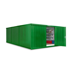 Kompozycja kontenera materiałowego FLADAFI®, lakierowana, 3 moduły, wys. × szer. × gł. 2150 × 5080 × 6520 mm, wstępnie zmontowana, podłoga drewniana, kolor trawiasty zielony