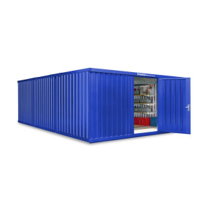 Kompozycja kontenera materiałowego FLADAFI®, lakierowana, 3 moduły, wys. × szer. × gł. 2150 × 5080 × 6520 mm, wstępnie zmontowana, podłoga drewniana, kolor gencjanowy niebieski