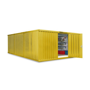 Kompozycja kontenera materiałowego FLADAFI®, lakierowana, 3 moduły, wys. × szer. × gł. 2150 × 5080 × 6520 mm, wstępnie zmontowana, podłoga drewniana, kolor sygnałowy żółty