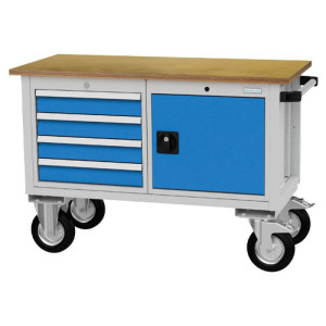 Mobilna ława warsztatowa Bedrunka+Hirth R 18-16, wys. x szer. x gł. 820 x 1200 x 540 mm, kolor jasnoszary, kolor jasnoniebieski, 4 x szuflada 4 x 100 mm, 1 x drzwi skrzydłowe 1 x 400 mm