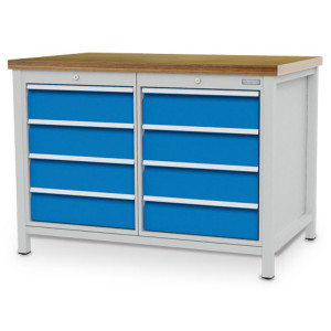 Stół warsztatowy Bedrunka+Hirth R 18-24, wys. x szer. x gł. 859 x 1250 x 750 mm, kolor jasnoszary, kolor jasnoniebieski, 8 x szuflada 8 x 150 mm