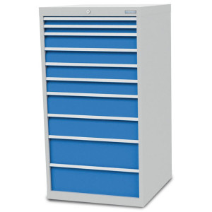 Szafa z szufladami Bedrunka+Hirth R 24-24, wys. x szer. x gł. 1319 x 705 x 736 mm, kolor jasnoszary, kolor jasnoniebieski, 10 x szuflada, 2 x 50 + 4 x 100 + 2 x 150 + 2 x 200