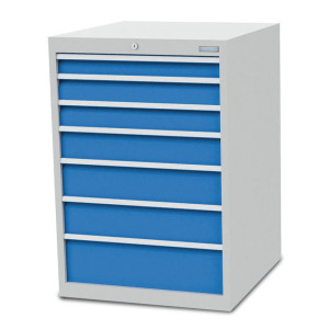 Szafa z szufladami Bedrunka+Hirth R 24-24, wys. x szer. x gł. 1019 x 705 x 736 mm, kolor jasnoszary, kolor jasnoniebieski, 7 x szuflada, 1 x 75 + 2 x 100 + 1 x 125 + 2 x 150 + 1 x 200 mm
