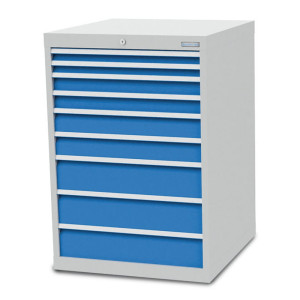 Szafa z szufladami Bedrunka+Hirth R 24-24, wys. x szer. x gł. 1019 x 705 x 736 mm, kolor jasnoszary, kolor jasnoniebieski, 9 x szuflada, 2 x 50 + 2 x 75 + 2 x 100 + 3 x 150 mm