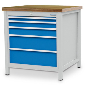 Stół warsztatowy Bedrunka+Hirth R 24-24, wys. x szer. x gł. 959 x 810 x 750 mm, kolor jasnoszary, kolor jasnoniebieski, 5 x szuflada, 1 x 50 + 1 x 75 + 1 x 100 + 1 x 175 + 1 x 200 mm