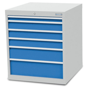 Szafa z szufladami Bedrunka+Hirth R 24-24, wys. x szer. x gł. 819 x 705 x 736 mm, kolor jasnoszary, kolor jasnoniebieski, 6 x szuflada, 1 x 50 + 3 x 100 + 1 x 150 + 1 x 200 mm