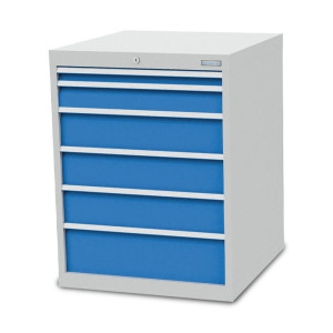 Szafa z szufladami Bedrunka+Hirth R 24-24, wys. x szer. x gł. 919 x 705 x 736 mm, kolor jasnoszary, kolor jasnoniebieski, 6 x szuflada, 1 x 50 + 1 x 100 + 3 x 150 + 1 x 200 mm