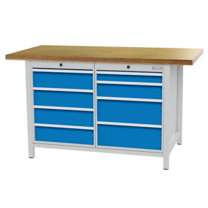 Stół warsztatowy Bedrunka+Hirth R 18-24, wys. x szer. x gł. 859 x 1500 x 750 mm, kolor jasnoszary, kolor jasnoniebieski, 8 x szuflada, 1 x 75 + 1 x 125 + 4 x 150 + 2 x 200 mm
