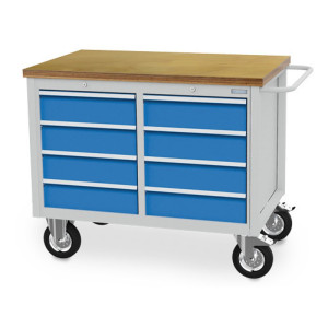 Mobilna ława warsztatowa Bedrunka+Hirth R 18-24, wys. x szer. x gł. 995 x 1250 x 750 mm, kolor jasnoszary, kolor jasnoniebieski, 8 x szuflada 8 x 150 mm